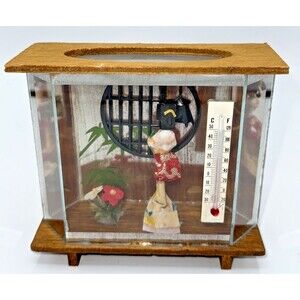 Vintage Japanese Diorama Geisha In Miniature Vitrine Wood & Glass Souvenir 4.75”